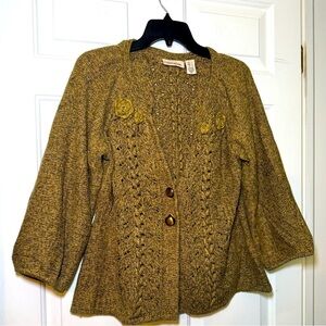 DKNY Woman’s Swing Cardigan size Large Yellow & Gray Chunky Knit V Neck Floral
